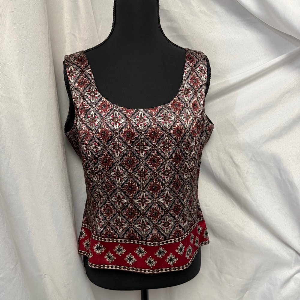 Tahari Red and Black Patterned Blouse